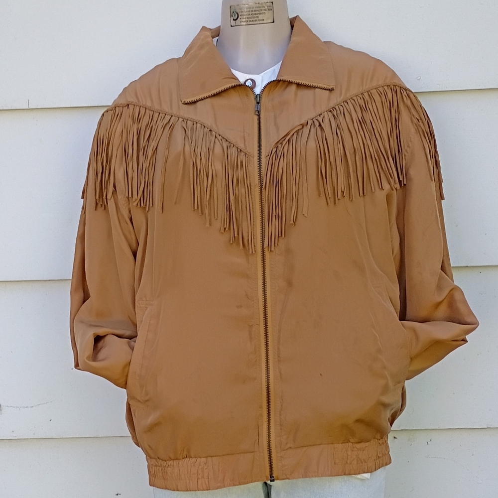 💪🏾SOLD💪🏾 Brown Silk Fringe Bomber Jacket - Picture 2 of 6